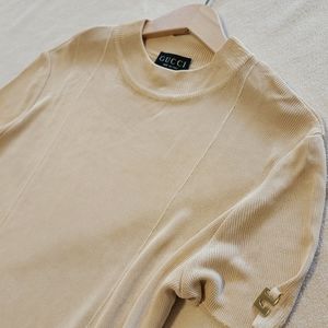GUCCI Light Taupe Flowing Knit Top with Gold Icon Pendant On Sleeve